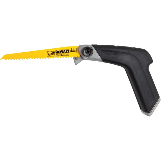 A DEWALT hand saw with a black ergonomic handle and a yellow serrated blade, designed for cutting wood. The blade is marked with the DEWALT logo and specifications.