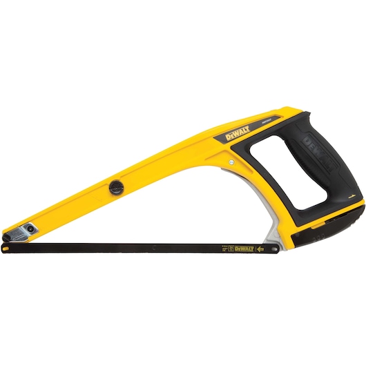A DEWALT hand saw with a yellow and black frame and ergonomically designed handle. The saw blade is designed for cutting metal.