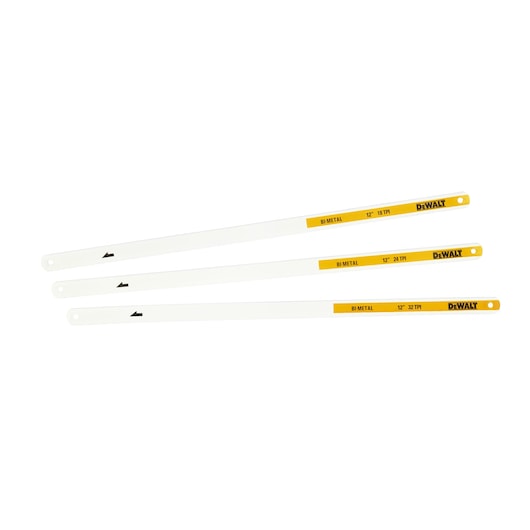 Three DEWALT 12-inch bi-metal hacksaw blades with different teeth per inch (TPI) ratings, arranged parallel on a white background.