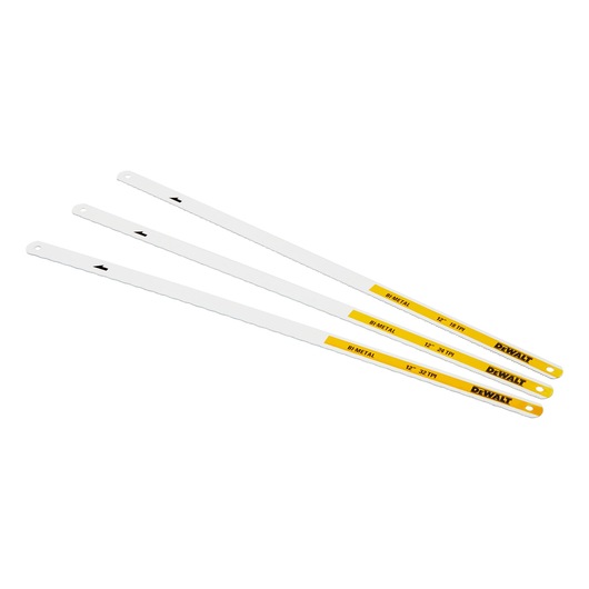 Three DEWALT bi-metal hacksaw blades, each 12 inches long, with yellow and white coloring and labeled with different teeth per inch (TPI) specifications.