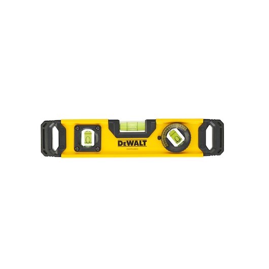 A yellow DEWALT DWHT0-43003 photographic level tool with three vials, a rotating angle dial, and two ergonomic handles on each side.