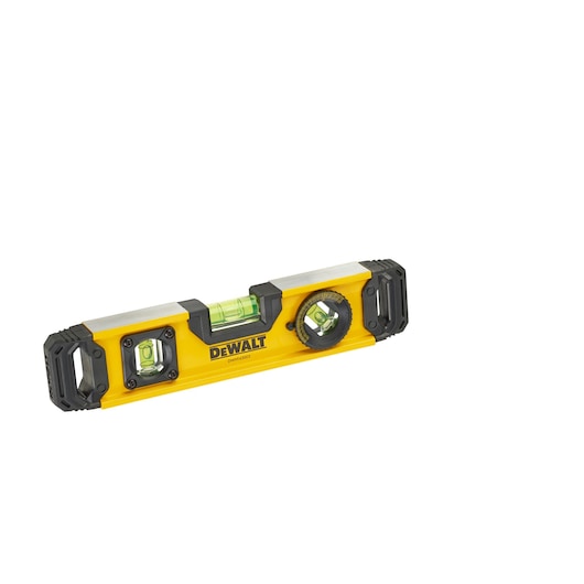 DEWALT yellow and black spirit level with three vials and adjustable angle measurement, model DWHT0-43003.