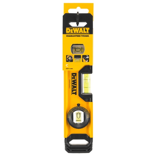 A DEWALT torpedo level, model DWHT0-43003, in yellow and black packaging. The tool features horizontal and vertical vials for leveling, and a rotating vial for angle measurements. The DEWALT logo and product details are clearly visible on the front.