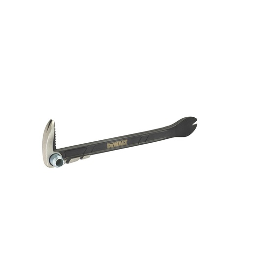 A DEWALT branded pry bar tool with a black and metallic finish, featuring a clawed end for nail removal and a flat, curved end for prying.