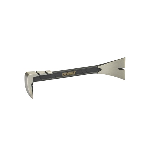 DEWALT flat pry bar with a black and silver finish, featuring a wide flat end for prying and a curved, serrated end for pulling nails.