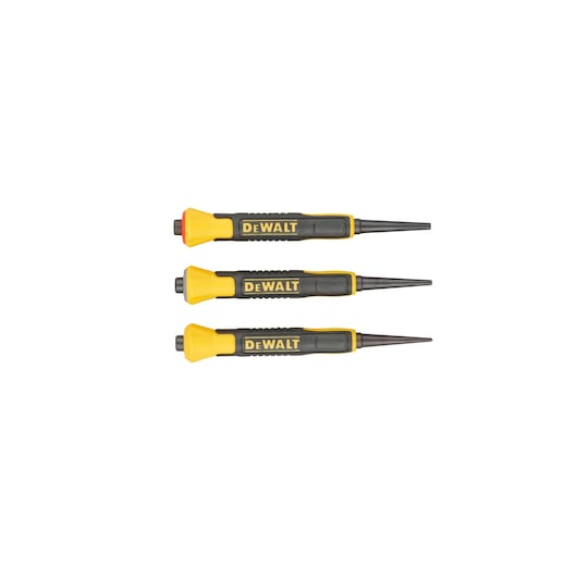 Three DEWALT nail punch tools with black and yellow handles, arranged horizontally in a row.