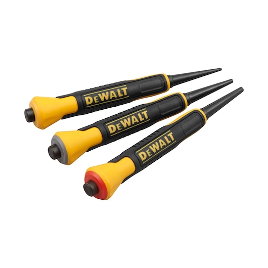 Three DEWALT branded metal punches with yellow and black handles, each punch displaying a different colored ring near the tip (gray, red, and black), arranged parallel to each other on a white background.
