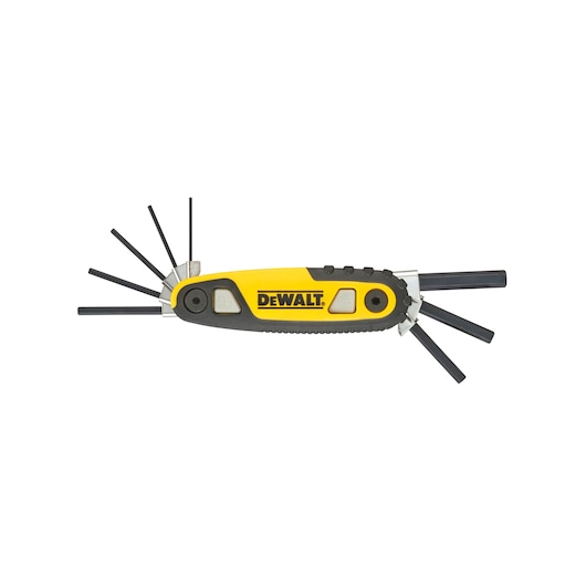 A DEWALT folding hex key set with a yellow and black handle, showing multiple hex keys extended from both sides.