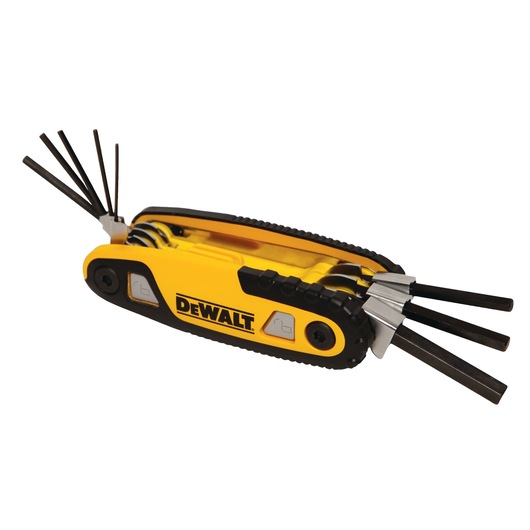 A DEWALT branded folding hex key set featuring multiple black hex keys of different sizes extended from a yellow and black handle.