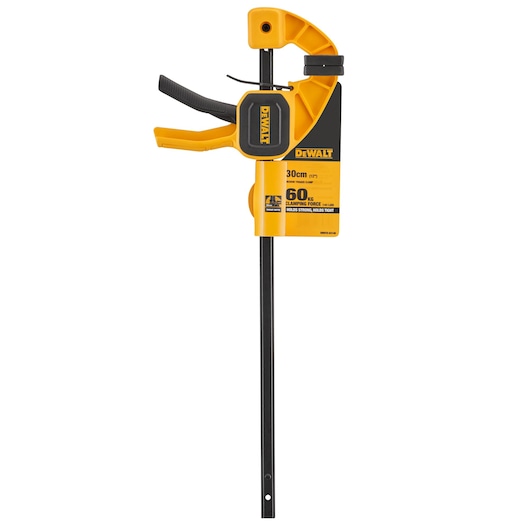 DEWALT 30cm trigger clamp with 60kg clamping force, black and yellow hand tool for secure holding.