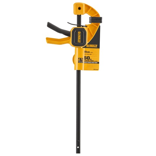 DEWALT yellow trigger clamp with black handle and label, used for woodworking and securing materials.