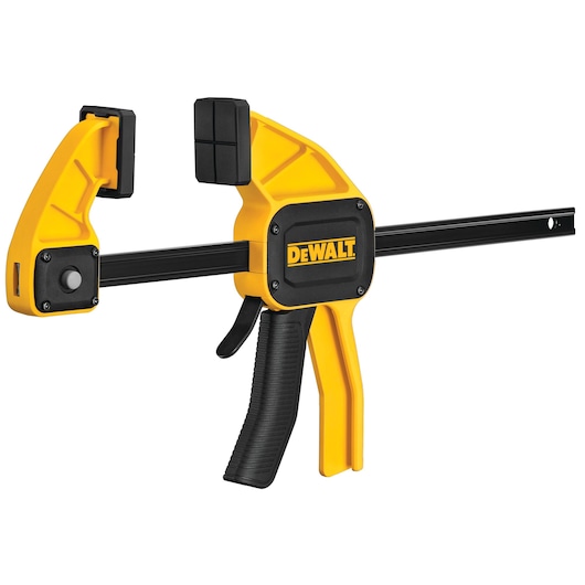 A DEWALT one-handed bar clamp with a yellow and black design, used for securing and holding materials during woodworking or construction projects.
