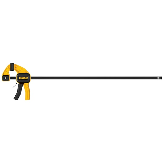 DEWALT bar clamp with a yellow and black handle, designed for woodworking and holding materials firmly in place.