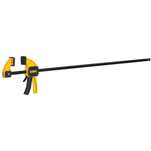 A DEWALT plastic and metal bar clamp with a trigger handle, shown against a white background.