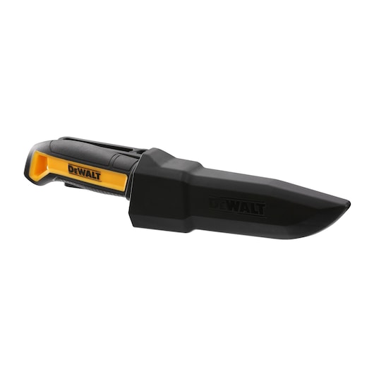 A DEWALT utility knife with a black and yellow handle and a protective black sheath over the blade.
