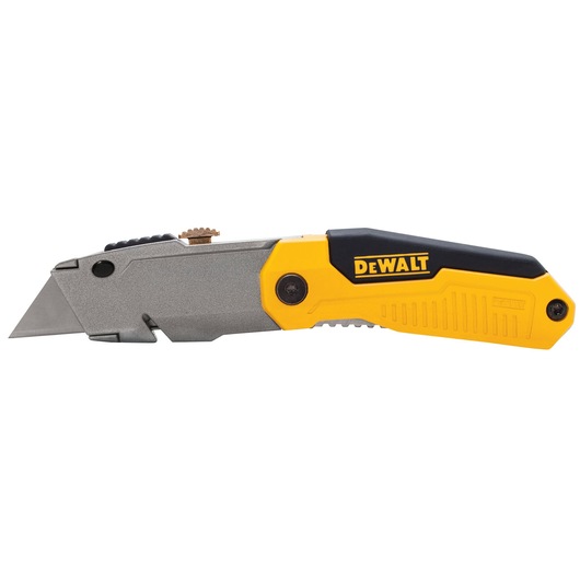 DEWALT folding utility knife with yellow and black handle and metal blade, side view.