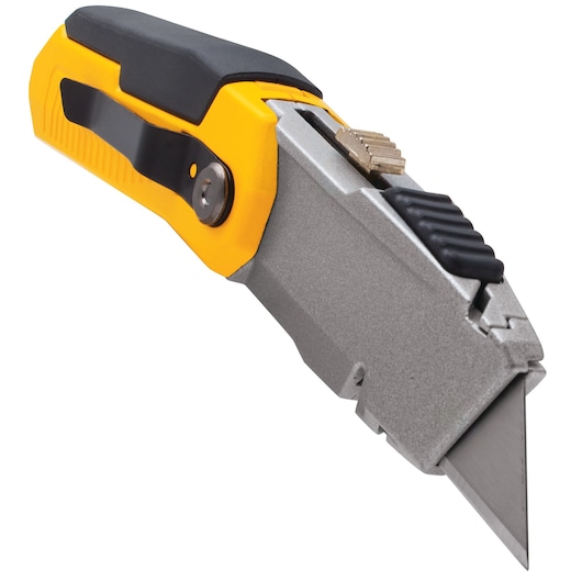 DEWALT utility knife with yellow and black handle, metal body, and retractable blade shown on white background.