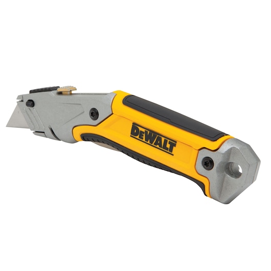 A DEWALT utility knife with a yellow and black handle and a metal blade, shown on a white background.