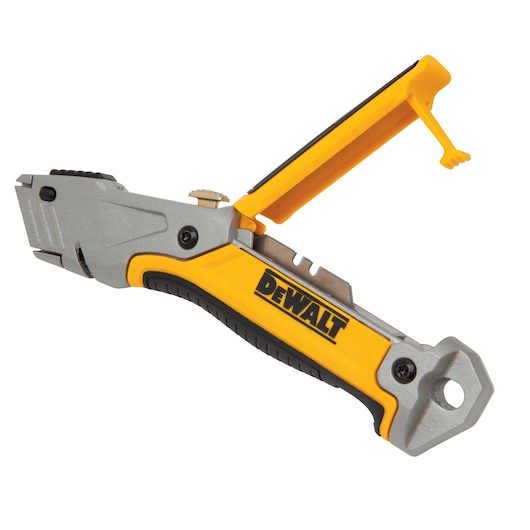 A DEWALT utility knife with an open blade storage compartment. The knife features a yellow and black handle with the DEWALT logo and a metal blade head.