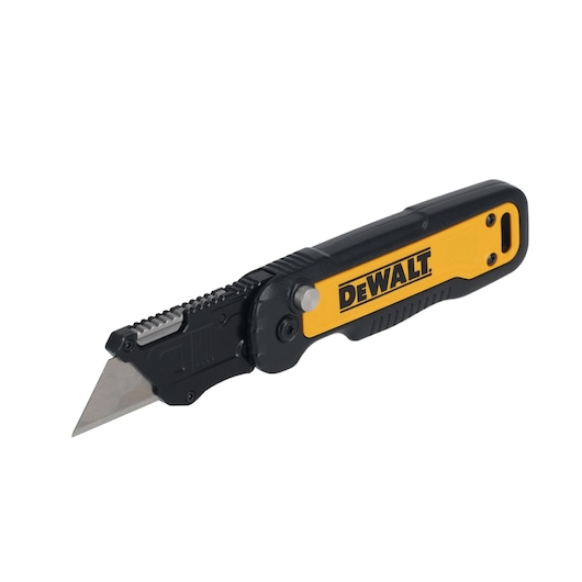 A DEWALT utility knife with a yellow and black handle and a sharp silver blade.