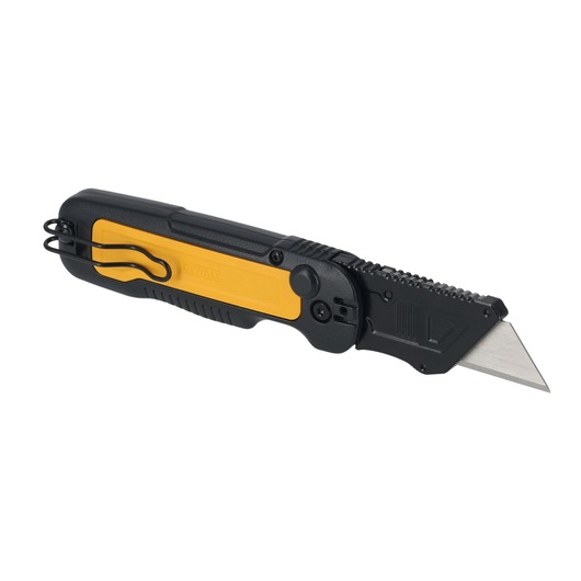 A DEWALT folding utility knife with a yellow and black handle and a sharp replaceable blade, shown against a white background.