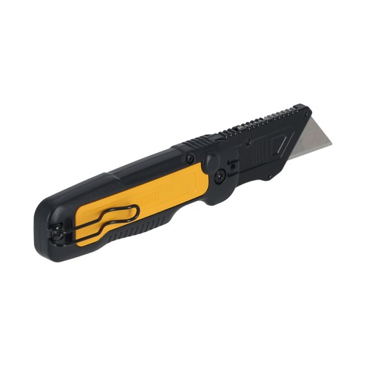 A DEWALT folding utility knife with a black and yellow handle and a visible sharp blade.