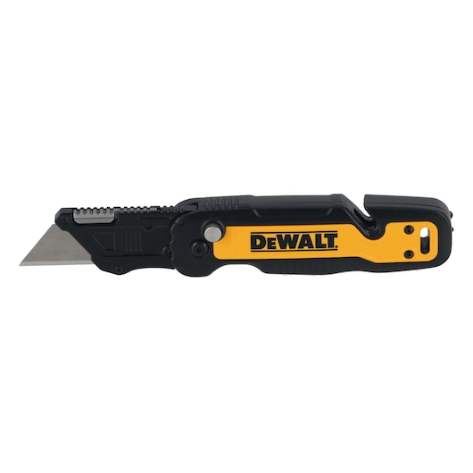 A DEWALT folding utility knife with a yellow and black handle, showing a sharp replaceable blade and a built-in cutter.