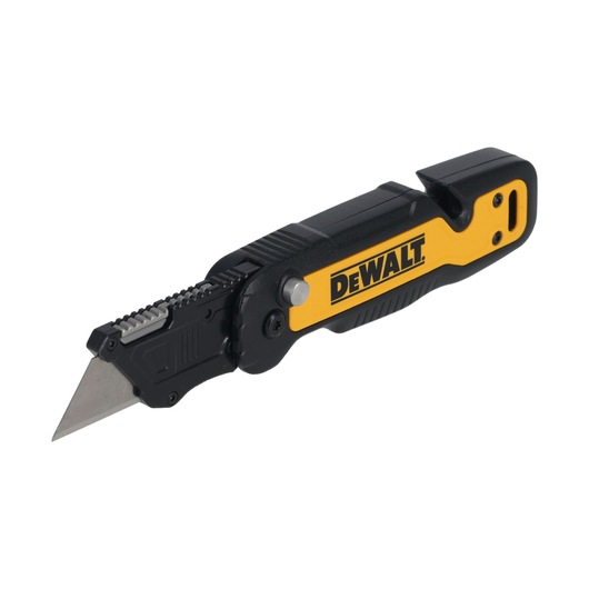 A DEWALT folding utility knife with a black and yellow handle and a sharp blade extended.