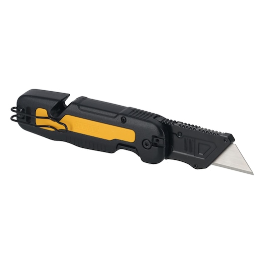 DEWALT folding utility knife with a black and yellow handle shown in an open position, displaying its sharp blade.