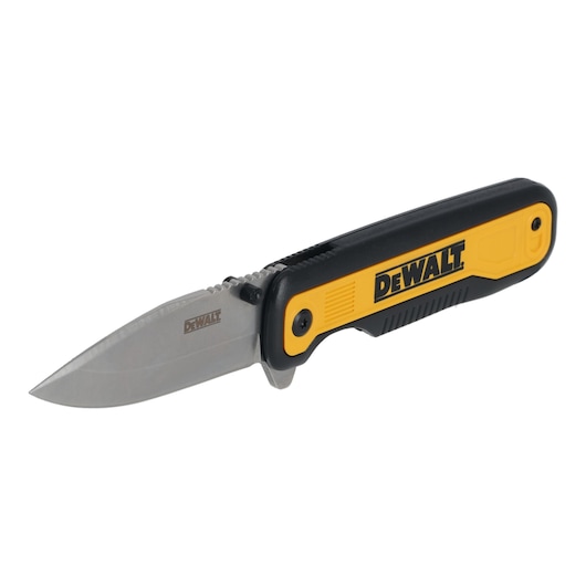A DEWALT folding pocket knife with a stainless steel blade and a black and yellow handle.