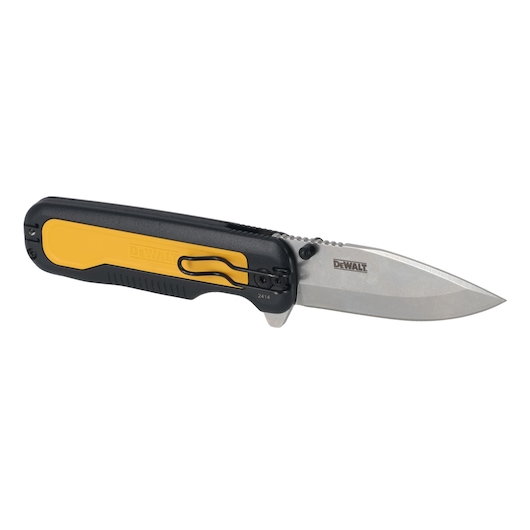 A DEWALT folding pocket knife with a partially black and yellow handle and a silver blade, shown open.