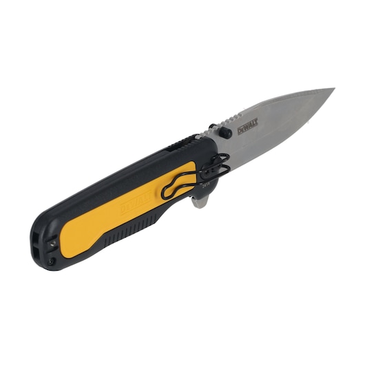 A DEWALT folding utility knife with a black and yellow handle and a stainless steel blade, shown partially open on a white background.