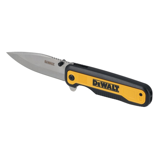 A DEWALT folding pocket knife with a silver blade and a yellow and black handle, shown open against a white background.