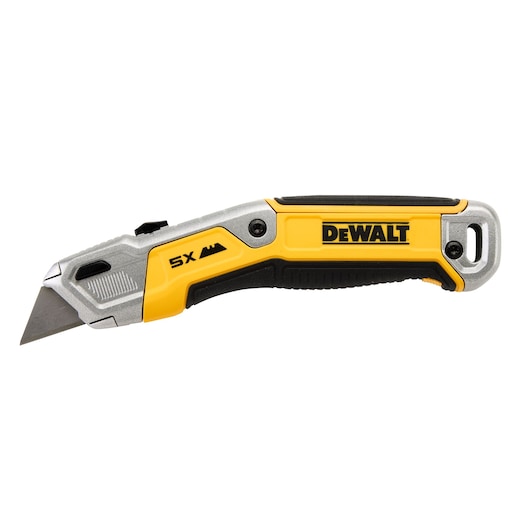 DEWALT utility knife with yellow and black handle, sharp blade, and ergonomic design for cutting tasks.
