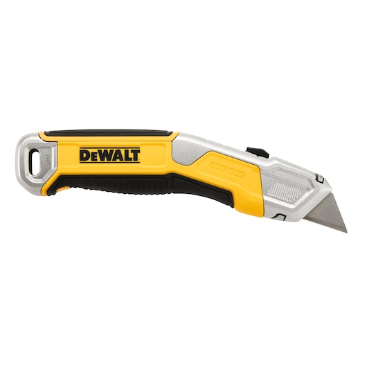 DEWALT yellow and black utility knife DWHT10998-0 with retractable blade for cutting tasks.