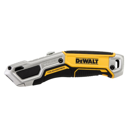 A DEWALT ToughSeries utility knife with a silver, yellow, and black ergonomic handle, shown from the side.