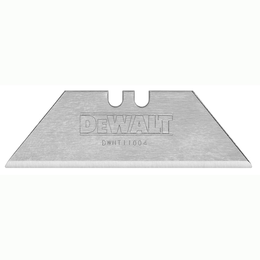 A close-up image of a DEWALT utility knife blade, model number DWHT11004, with a sharp edge and notched design.