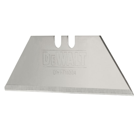 A DEWALT utility knife replacement blade, model DWHT11004, shown against a white background. The blade is metallic with a sharp edge and features two notches for fitting into a knife handle.