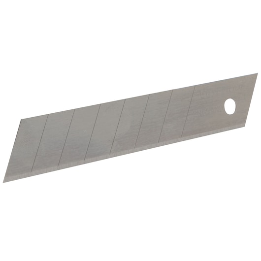 A single metal snap-off utility knife blade with segmented sections and a hole at one end, shown against a white background.