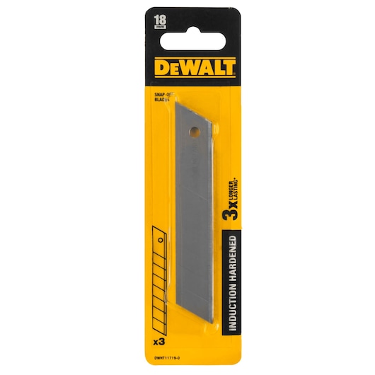 DEWALT snap-off blade set, 18mm, induction hardened, 3 blades, packaged in yellow and black blister.