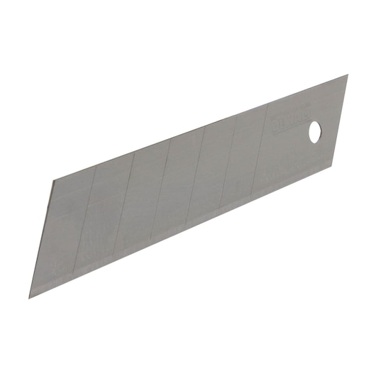A single segmented utility knife blade made of metal, with a sharp edge and a hole near one end. The blade has several scored lines for snapping off sections.