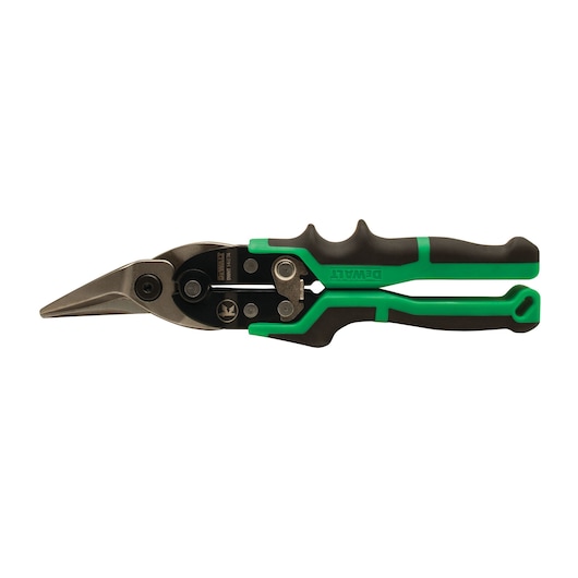 Green and black DEWALT aviation snips with ergonomic handle, designed for cutting metal sheets.