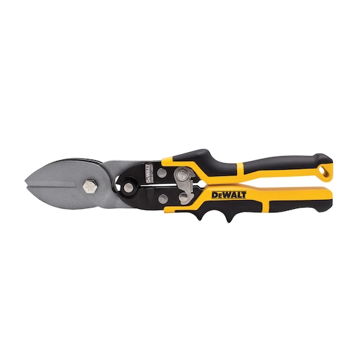 DEWALT metal cutting snips with black and yellow ergonomic handle, shown against a white background.