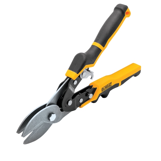 A DEWALT metal snip with yellow and black ergonomic handles and sharp, durable blades, designed for cutting metal sheets.