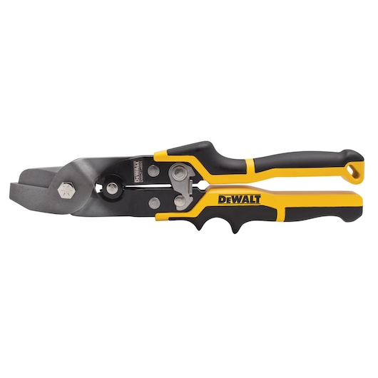 A DEWALT branded aviation snip with black and yellow ergonomic handles. The tool is designed for cutting sheet metal and features a robust, angled cutting head.