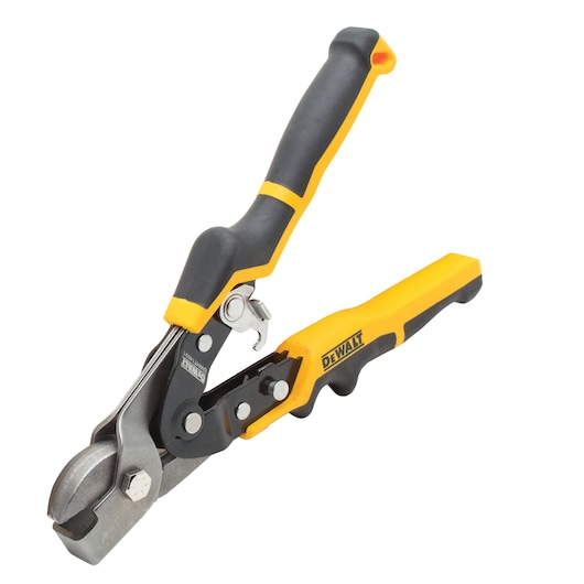 A DEWALT hand tool with yellow and black ergonomic handles, designed for cutting, featuring a metal cutting head and a lever mechanism.