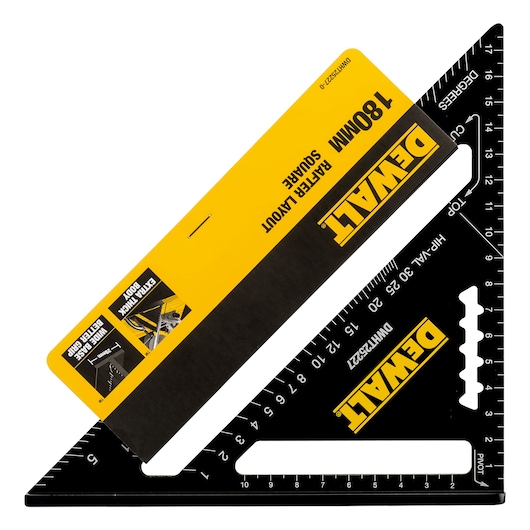 A DEWALT 180mm rafter layout square with a black body and yellow branding, labeled DWHT25227-0. The tool features measurement markings and degree indicators for carpentry use.