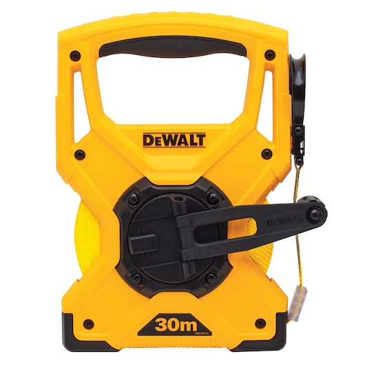Front view of a DEWALT 30 meter measuring tape in a yellow and black plastic casing, featuring a handle and a winding crank.