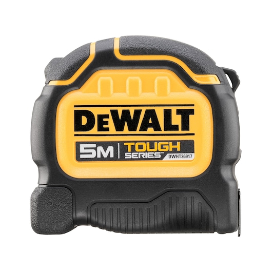 A DEWALT DWHT36917-0 Tough Series 5 meter tape measure with a yellow and black casing, showing the DEWALT logo and product details on the front.