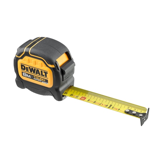 A DEWALT 8 meter tape measure from the Tough Series, featuring a yellow and black casing with a partially extended yellow measuring tape displaying clear measurement markings.